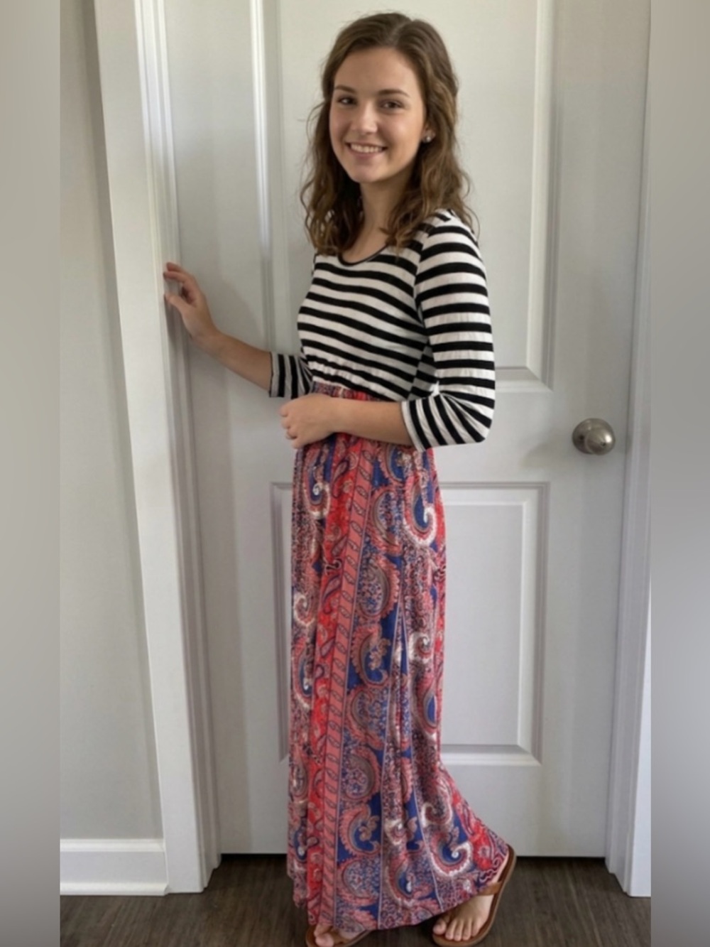 Flamingo Urban Black and White Striped Paisley  Maxi Dress| Size Large